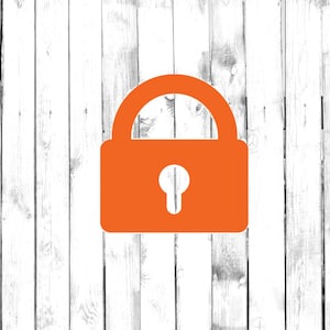 May include: A bright orange padlock icon on a white wood background.
