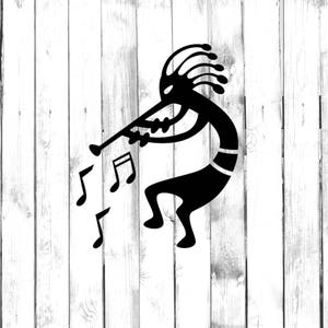 May include: Black and white silhouette of a stylized Native American flute player with musical notes flowing from the flute.