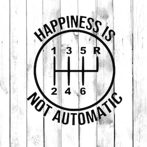 May include: Black and white graphic design with a gear shift pattern and the text "Happiness is not automatic".