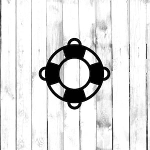 May include: Black and white silhouette of a life preserver or life ring on a white wood background.
