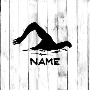 Puede incluir: Silueta negra de un nadador en estilo libre con la palabra "NAME" debajo.