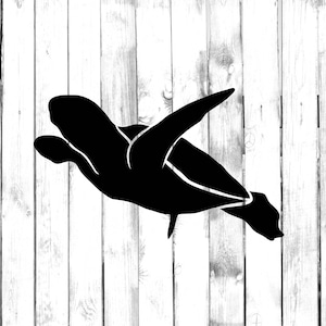 May include: Silhouette of a sea turtle swimming, with its flippers outstretched, against a white woodgrain background.