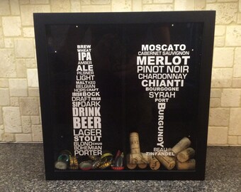 Beer Bottle and Wine Glass Typography - Glass Beer Cap and Wine Cork Holder - Shadow Box (12" x 12") -Vinyl Decal Gift, Home Bar Accessories