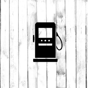 May include: Black and white silhouette of a gas pump with a hose on a white wood background.