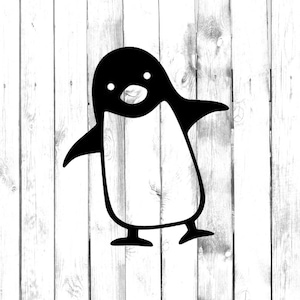 May include: Black and white illustration of a penguin against a white wooden background.