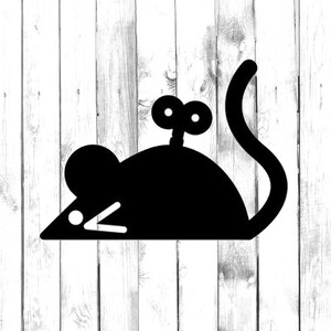 May include: A black silhouette of a wind-up toy mouse with a key on its back. The mouse is lying on its side with its tail curled up.