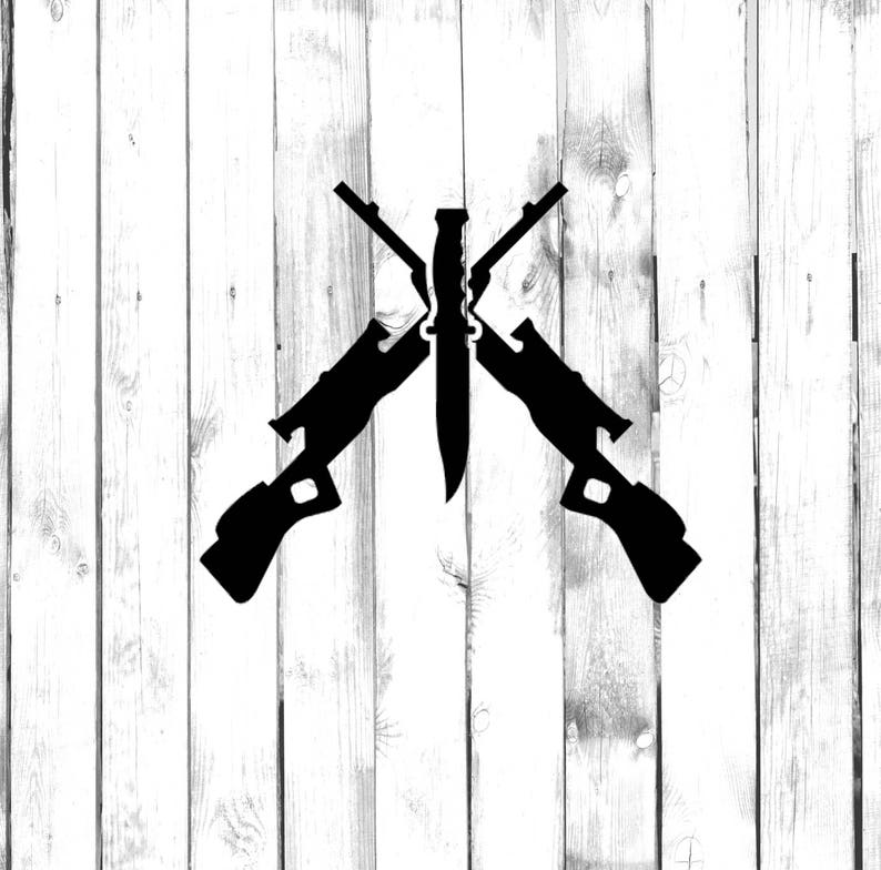 Hunting Rifles Crossed with Hunting Knife Di Cut Decal Car/Truck/Home/Laptop/Computer/Phone Decal image 1