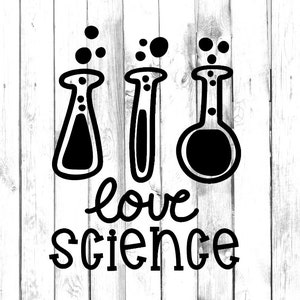 Peut inclure: Illustration en noir et blanc de trois béchers avec des bulles au-dessus. Le texte "love science" est écrit sous les béchers.