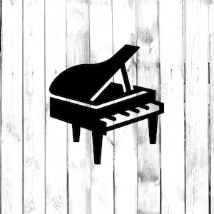May include: A black silhouette of a grand piano with a raised lid. The piano has a keyboard and three legs.