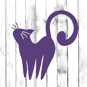 Puede incluir: Silueta púrpura de un gato con la espalda arqueada y la cola enroscada. El gato está sobre un fondo de madera blanca. Los bigotes y rasgos faciales del gato son visibles.