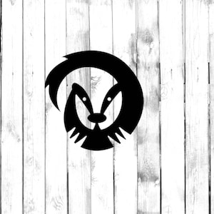 May include: A black and white graphic design featuring two stylized badgers facing each other, forming a circular shape. The badgers have white eyes and are set against a white wooden plank background.