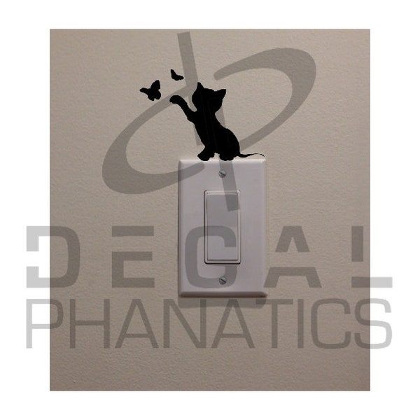 Cat Kitten Sticker - Playing with Butterflies on Light Switch (3.5" H) - Bedroom/Home Decor Decal