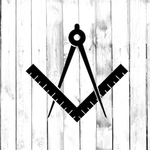 May include: Black and white image of a compass and square, a symbol of Freemasonry, against a white wood background.