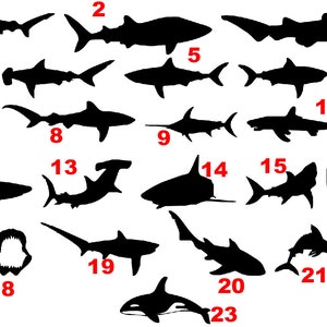 Hai-Silhouetten (23 mehrere Optionen) - Weiß, Schwertfisch, Hammerhai usw. - Auto / LKW / Zuhause / Laptop / Computer Aufkleber