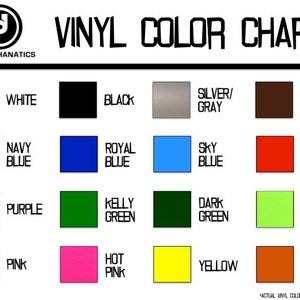 K&ouml;nnte beinhalten: Vinyl-Farbkarte mit 16 Farbmustern. Die Farben umfassen Wei&szlig;, Schwarz, Silber, Grau, Braun, Marineblau, K&ouml;nigsblau, Himmelblau, Rot, Lila, Kellygr&uuml;n, Dunkelgr&uuml;n, Limettengr&uuml;n, Rosa, Pink, Gelb und Orange.