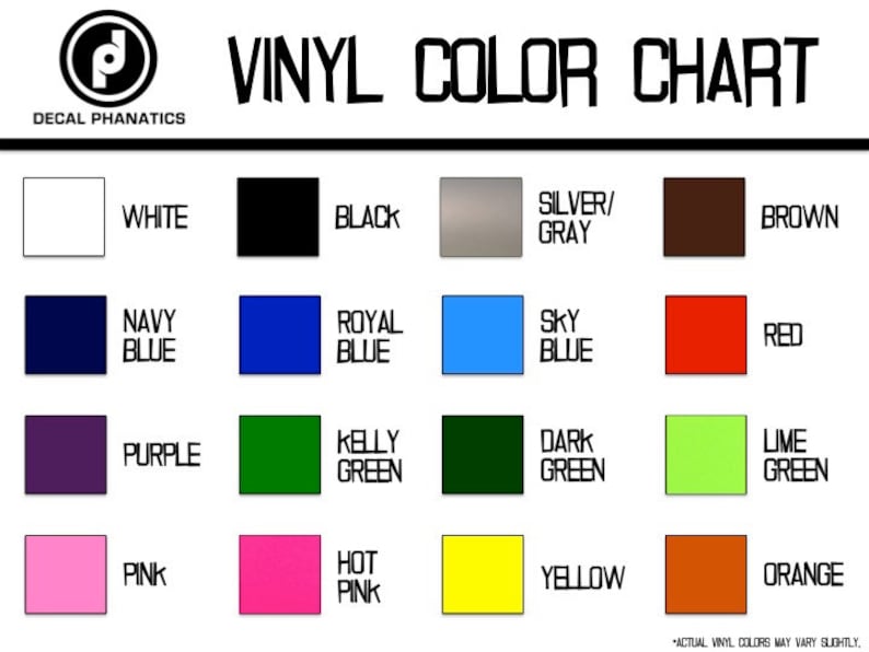 K&ouml;nnte beinhalten: Vinyl-Farbkarte mit 16 Farbmustern. Die Farben umfassen Wei&szlig;, Schwarz, Silber, Grau, Braun, Marineblau, K&ouml;nigsblau, Himmelblau, Rot, Lila, Kellygr&uuml;n, Dunkelgr&uuml;n, Limettengr&uuml;n, Rosa, Pink, Gelb und Orange.