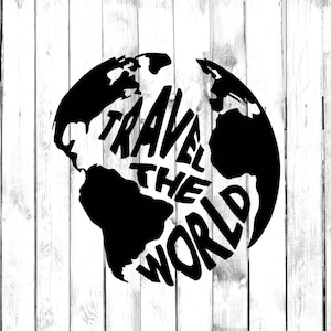 May include: Black and white graphic of the world with the words "TRAVEL THE WORLD" in bold, stylized font. The design is set against a white wooden plank background, creating a travel-themed aesthetic.