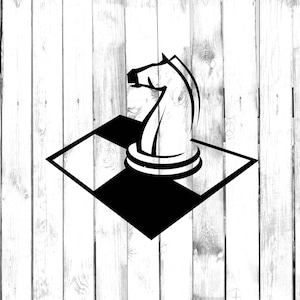 May include: Black and white illustration of a chess knight on a black and white checkered square.