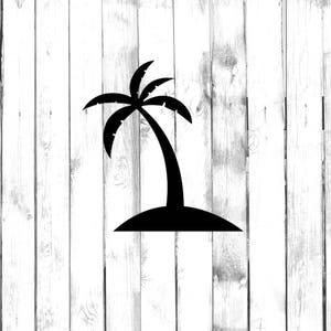 May include: Silhouette of a palm tree on a small island. The tree is black against a white wood background.
