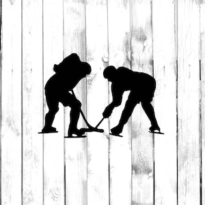 May include: Silhouette of two hockey players in black, one skating with a stick and the other facing them, on a white wood background.