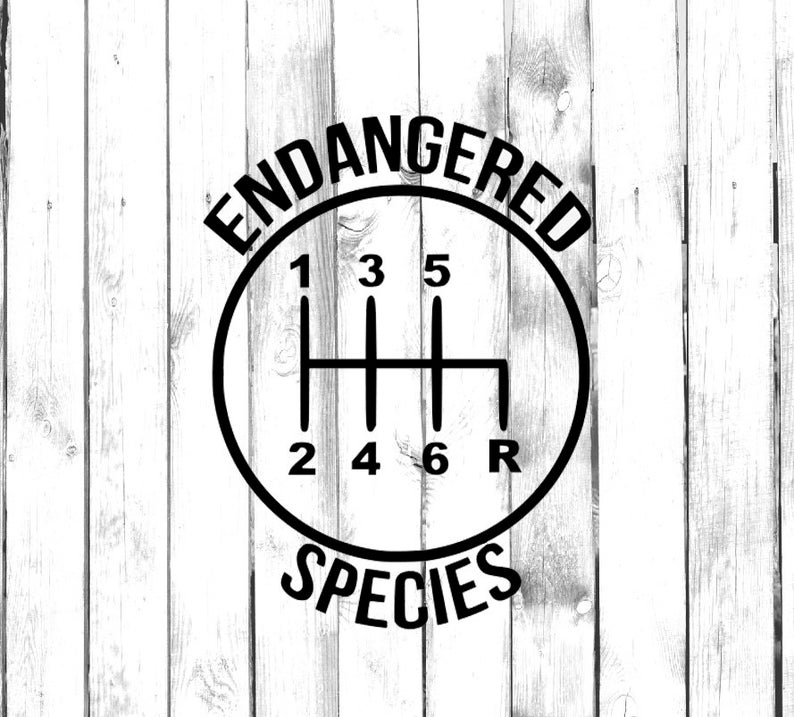 May include: Black and white graphic design with the text "Endangered Species" and a gear shift pattern with the numbers 1, 2, 3, 4, 5, 6, and R.