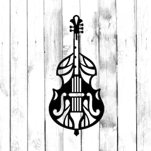May include: Black and white silhouette of a double bass with intricate details on the body and neck.