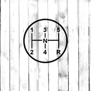 Può includere: Un'illustrazione in bianco e nero di uno schema di cambio manuale a 5 marce standard. Lo schema include i numeri 1, 2, 3, 4, 5, R e N.