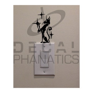 Black Cat Decal - Wirey Cat Sitting On Light Switch Touching Stars (4&quot; H) - Bedroom/Home Decor Decal