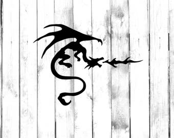 May include: Black silhouette of a dragon with wings spread, breathing fire. The dragon is facing right and has a long tail.