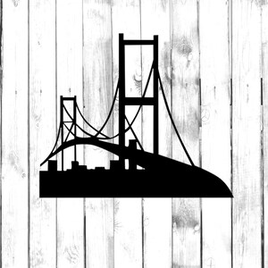 May include: Black silhouette of a suspension bridge with a cityscape in the background. The bridge has two towers and a curved roadway.