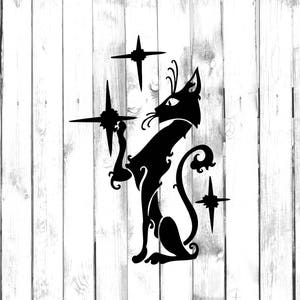 Black Cat Sticker - Skinny Black Cat Touching Stars - Di Cut Decal - Home/Laptop/Computer/Truck/Car Bumper Sticker Decal
