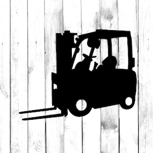May include: Black silhouette of a forklift with a driver inside. The forklift has a raised platform and two forks in the front.