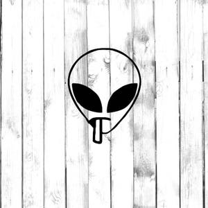 May include: Black and white illustration of an alien with large eyes and a mouth that appears to be smoking a cigarette.
