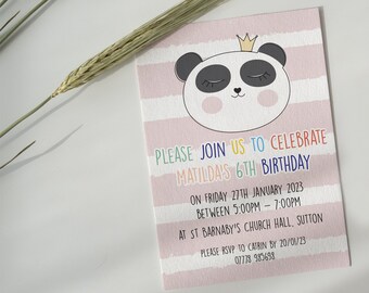 Personalised Panda with Crown Birthday Invitations Matching Stickers Also Available