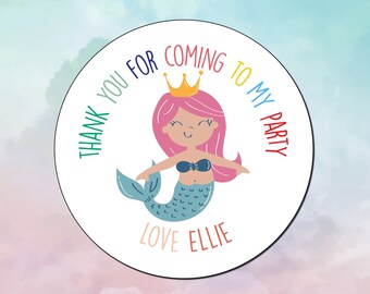 Personalised Thank you for coming to my party - Mermaid 45mm Stickers - Party Bag Stickers  Party Grub Stickers (24 stickers per sheet)