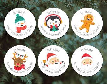Personalised Christmas Present 45mm Stickers (24 stickers per sheet) Love from Santa Stickers Snowman Penguin Gingerbread Man Reindeer Santa