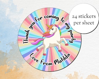 Personalized Rainbow Unicorn Party Stickers - Thank You Stickers (24 per sheet)