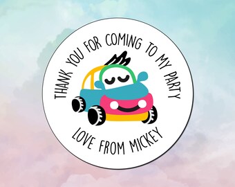 Personalised Thank you for coming to my party - Cartoon Car 45mm Stickers - Party Bag Stickers (24 stickers per sheet)