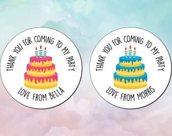 Personalized Birthday Cake Stickers: Thank You Party Favor Labels (24 per sheet)