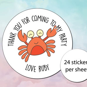 Crab Themed Personalised Thank you for coming to my party 45mm Stickers - Party Bag Stickers (24 stickers per sheet) Invites also available