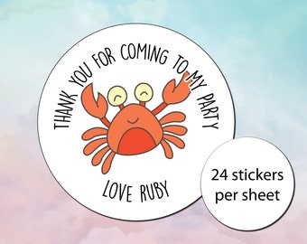 Crab Themed Personalised Thank you for coming to my party 45mm Stickers - Party Bag Stickers (24 stickers per sheet) Invites also available
