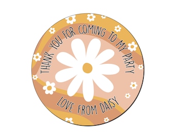 Personalised Thank you for coming to my party - Retro Daisy 45mm Stickers - Party Bag Stickers (24 stickers per sheet)
