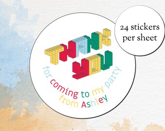 Personalised Thank you for coming to my party - Building Bricks 45mm Stickers - Party Bag Stickers Grub Stickers (24 stickers per sheet)
