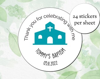 Personalised Thank you for celebrating with me Baptism Christening 45mm Stickers - Party Bag Cupcake Stickers (24 stickers per sheet)