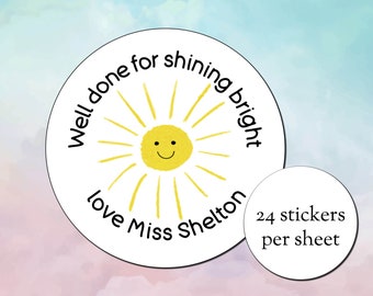 Personalized Teacher Stickers: Well Done Sunshine Design (24 per sheet)