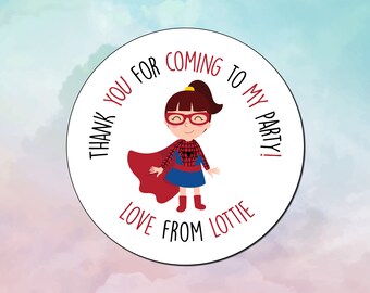 Personalised Thank you for coming to my party - Spidergirl Superhero 45mm Stickers - Party Bag Party Grub Stickers (24 stickers per sheet)