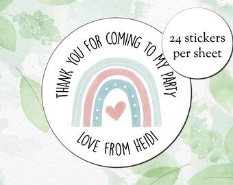 Personalised Thank you for coming to my party - Pastel Rainbow 45mm Stickers - Party Bag Stickers (24 stickers/sheet)