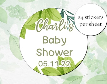 Personalised Baby Shower 45mm Stickers - Party Bag Stickers (24 stickers per sheet) Thank you for coming Leaves Design