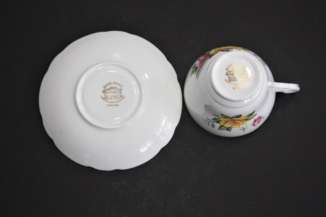 1950s English Castle Tea Cup and Saucer. Made in Staffordshire, England
