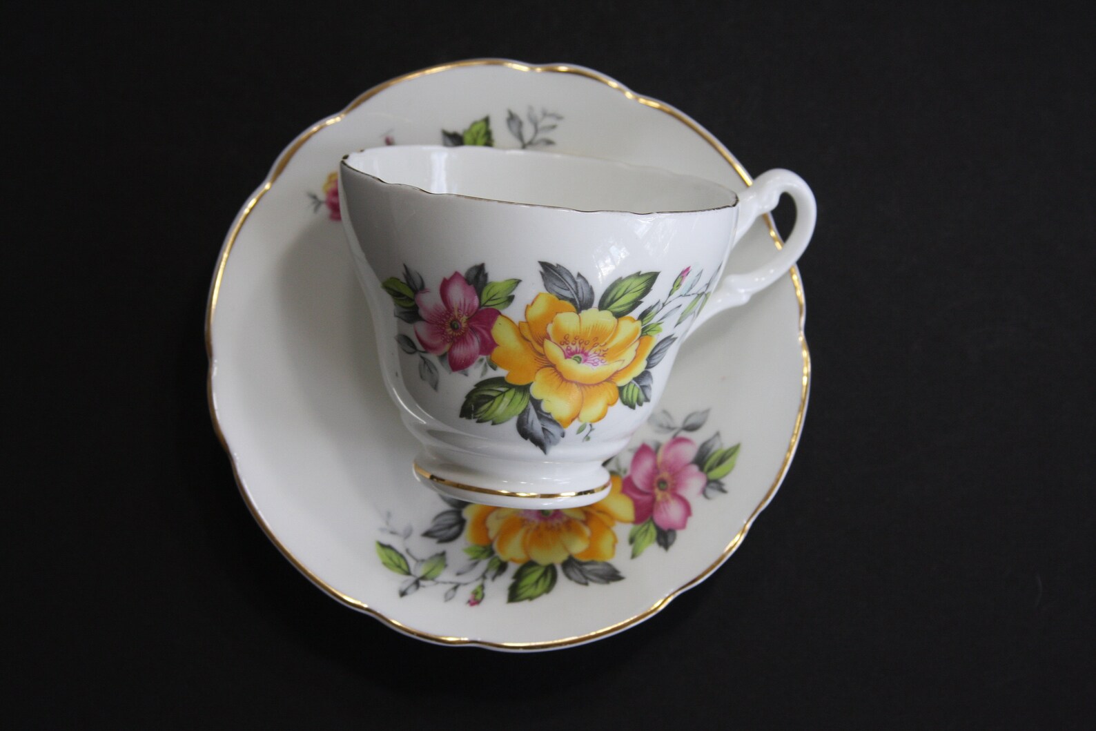 1950s English Castle Tea Cup and Saucer. Made in Staffordshire, England